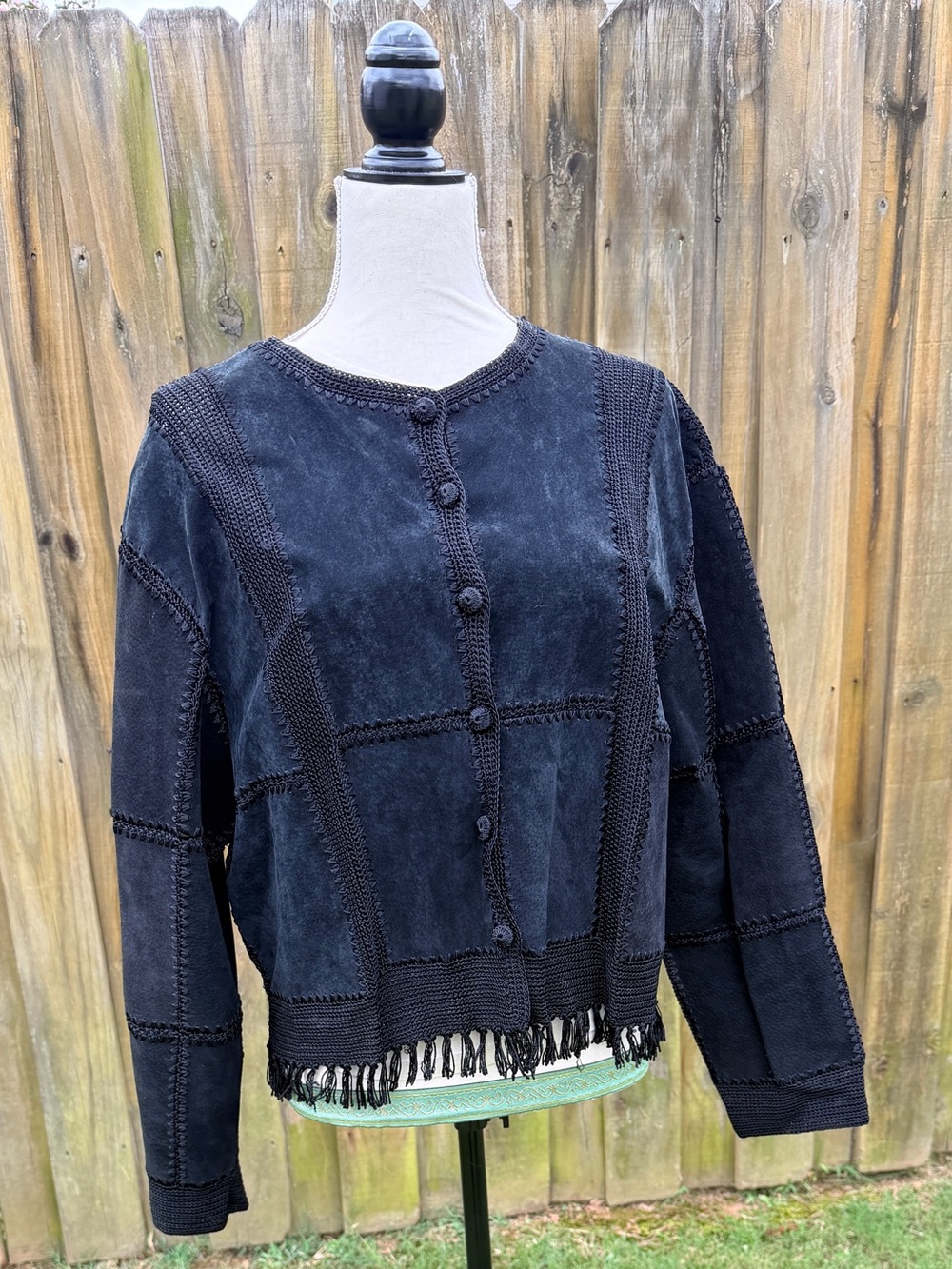 Black Fringe-Trim Button Front Blazer Jacket